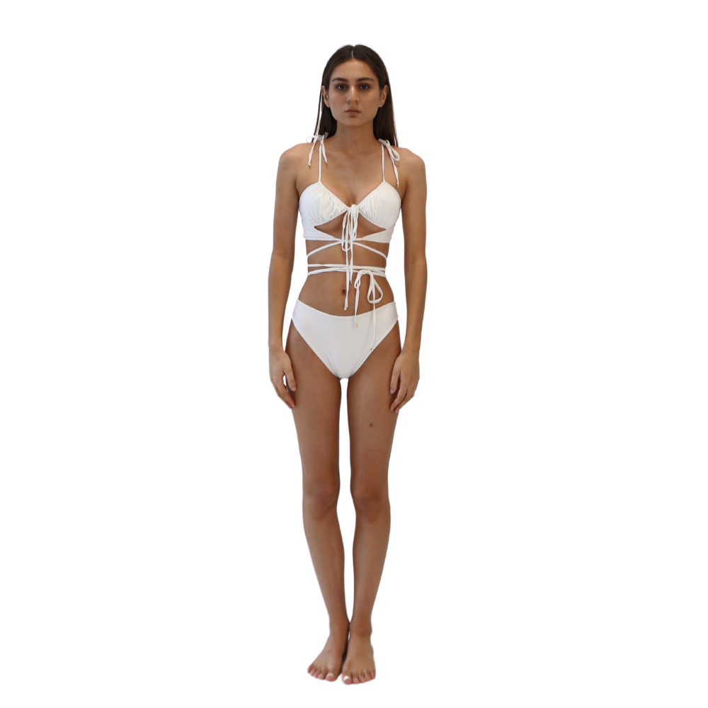 Thin ruched lace up bikini top with high leg bikini bottom